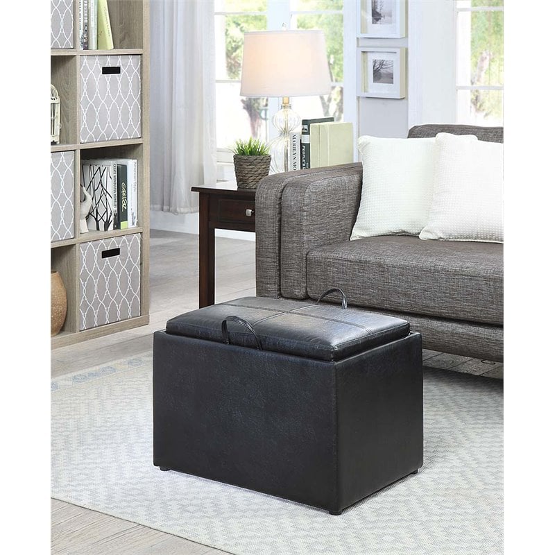 Pemberly Row Transitional Storage Ottoman in Black Faux Leather