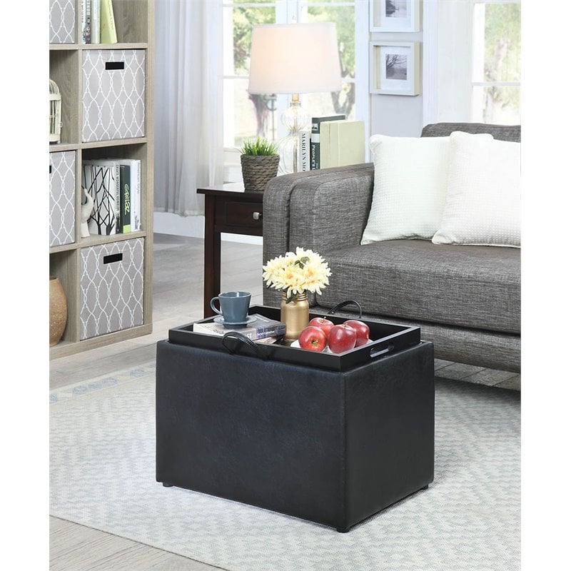Pemberly Row Transitional Storage Ottoman in Black Faux Leather