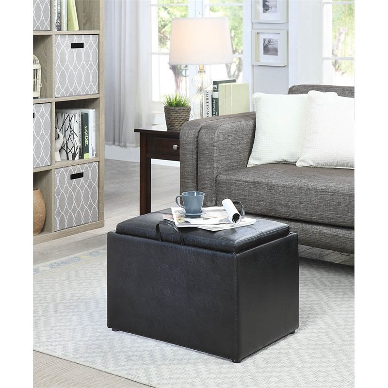 Pemberly Row Transitional Storage Ottoman in Black Faux Leather