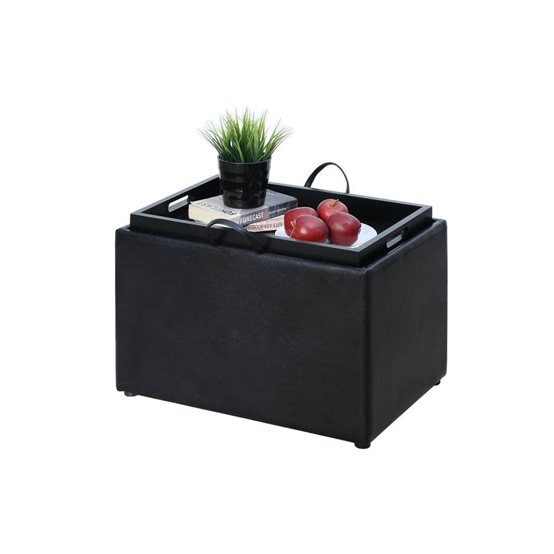 Pemberly Row Transitional Storage Ottoman in Black Faux Leather