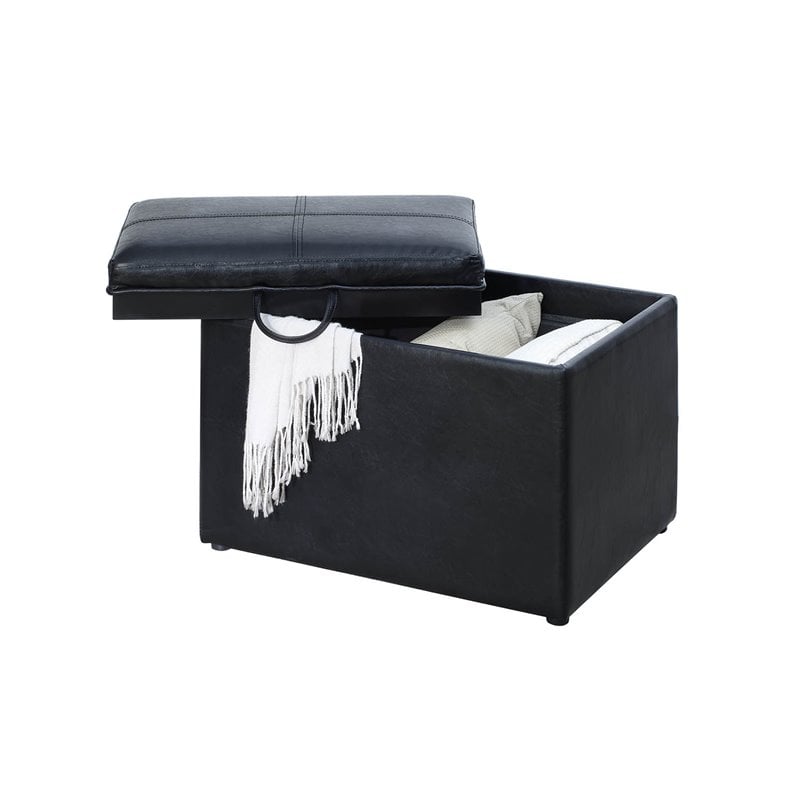 Pemberly Row Transitional Storage Ottoman in Black Faux Leather