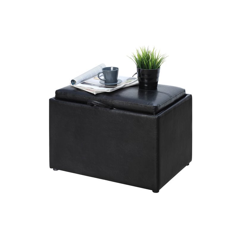 Pemberly Row Transitional Storage Ottoman in Black Faux Leather