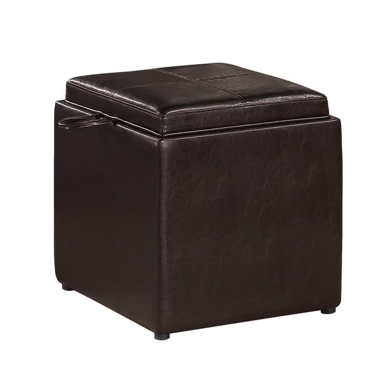 Pemberly Row Transitional Single Cube Ottoman in Espresso Faux Leather