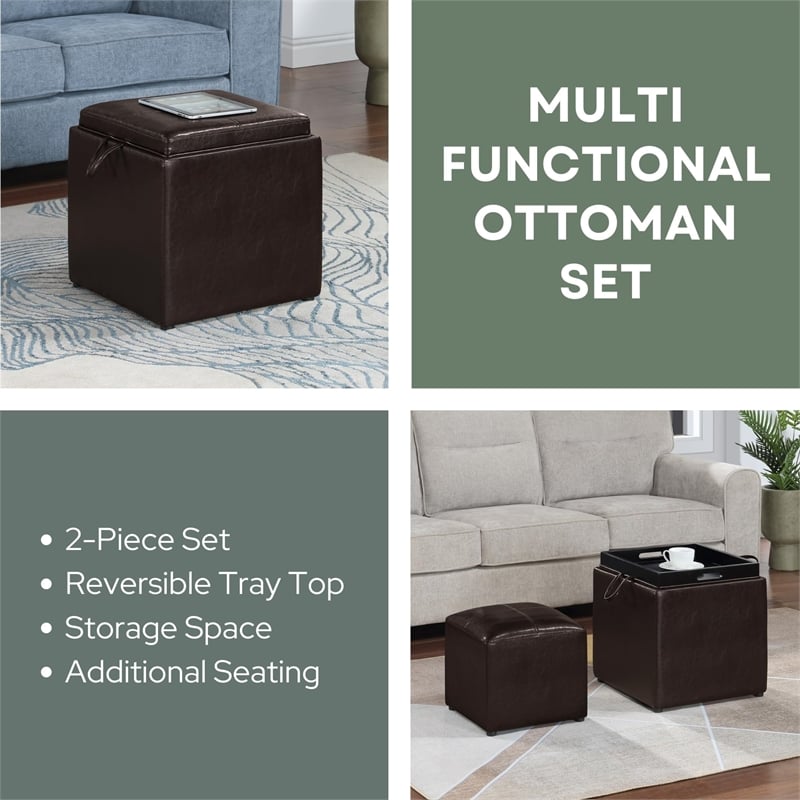 Pemberly Row Transitional Single Cube Ottoman in Espresso Faux Leather