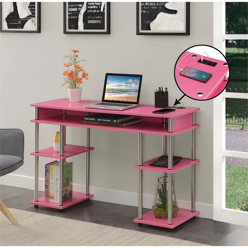 Pemberly Row Contemporary Wood Student Desk with Charging Station in Pink