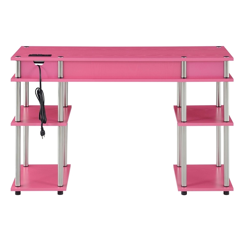 Pemberly Row Contemporary Wood Student Desk with Charging Station in Pink