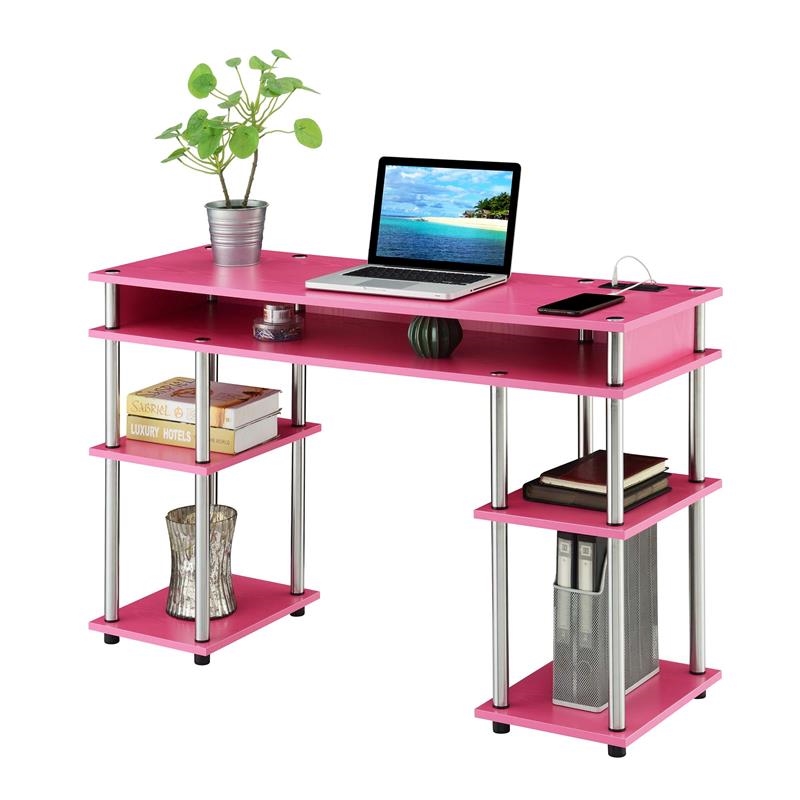Pemberly Row Contemporary Wood Student Desk with Charging Station in Pink