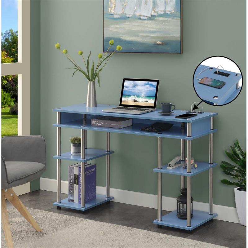 Pemberly Row Student Desk with Charging Station in Blue Wood Finish
