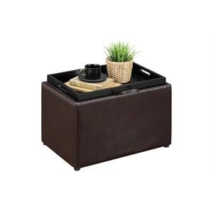 Pemberly Row Accent Storage Ottoman in Espresso Faux Leather With Tray