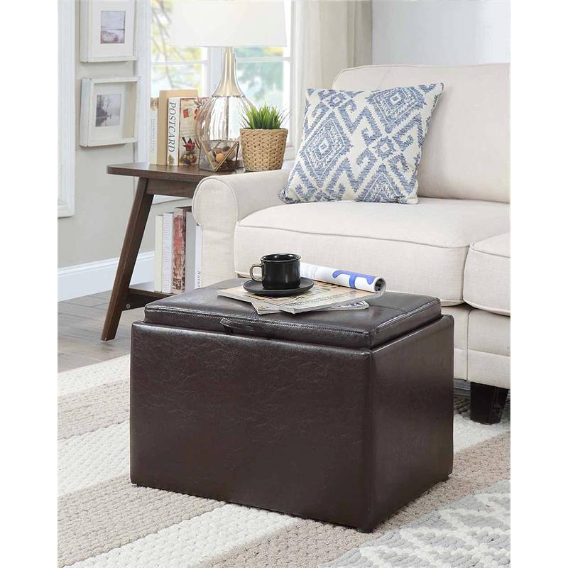 Pemberly Row Accent Storage Ottoman in Espresso Faux Leather With Tray