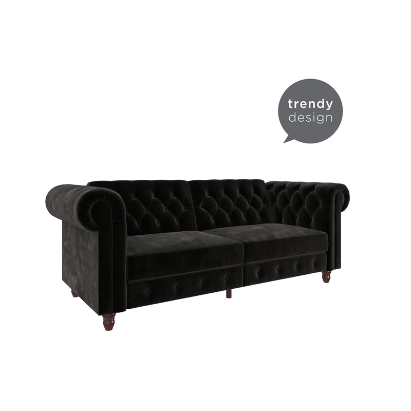 Pemberly Row Contemporary Sofa Futon in Black Velvet