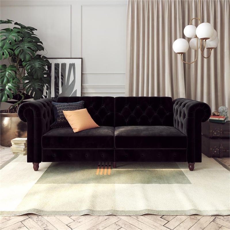 Pemberly Row Contemporary Sofa Futon in Black Velvet