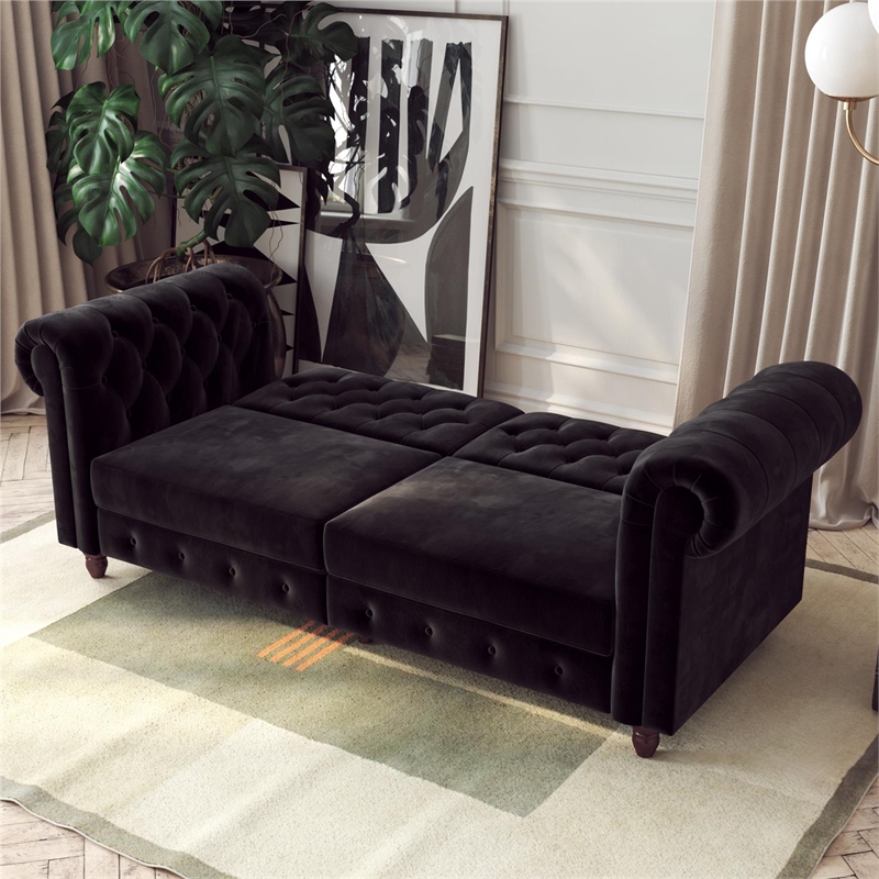 Pemberly Row Contemporary Sofa Futon in Black Velvet