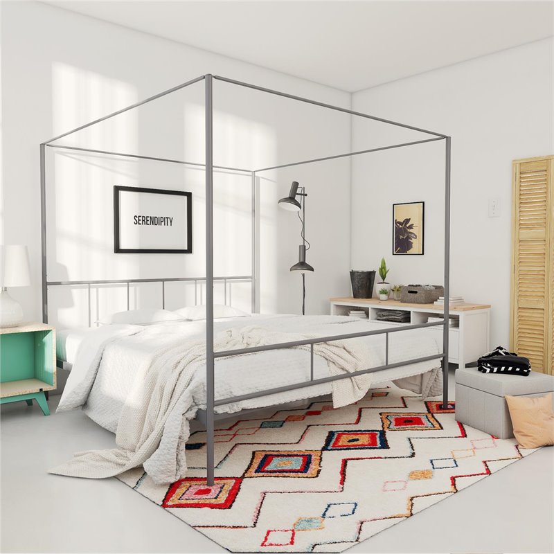 Pemberly Row Transitional Metal King Canopy Bed with Side Rails in Gray