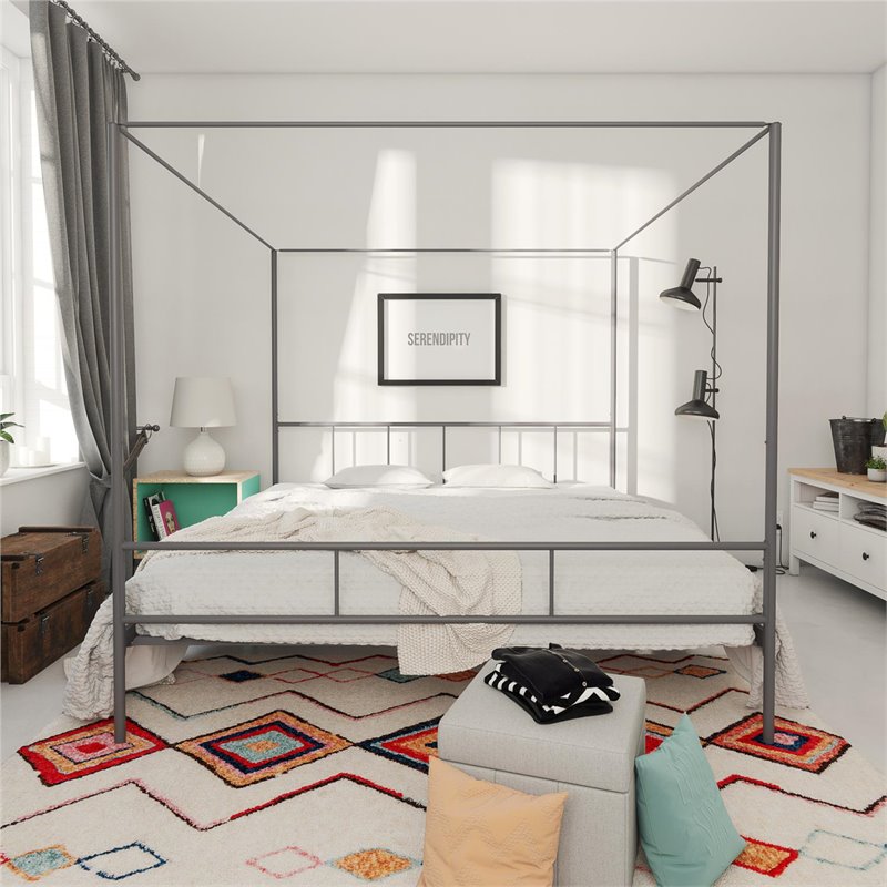Pemberly Row Transitional Metal King Canopy Bed with Side Rails in Gray