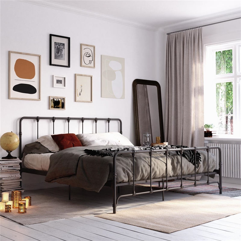 Pemberly Row Contemporary King Metal Bed with Storage in Gray