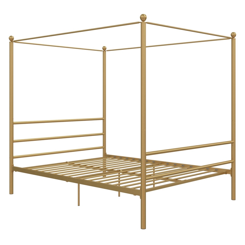Pemberly Row Contemporary Four-Post Metal Canopy Bed in Full Gold