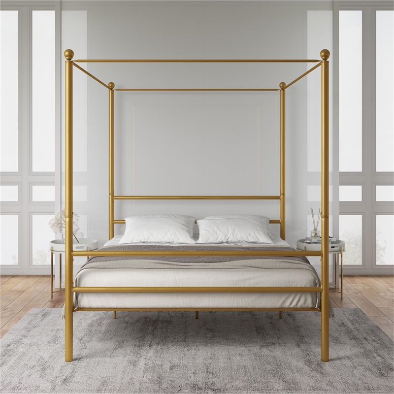 Pemberly Row Contemporary Four-Post Metal Canopy Bed in Full Gold