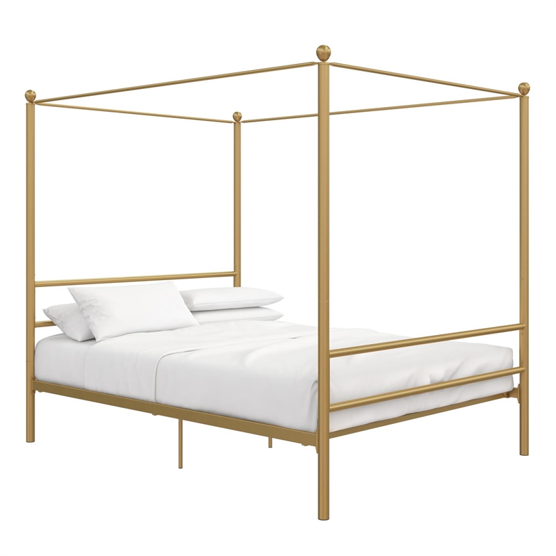 Pemberly Row Contemporary Four-Post Metal Canopy Bed in Full Gold