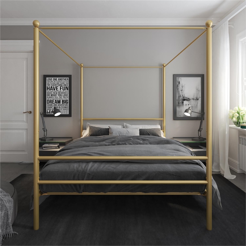 Pemberly Row Contemporary Four-Post Metal Canopy Bed in Full Gold