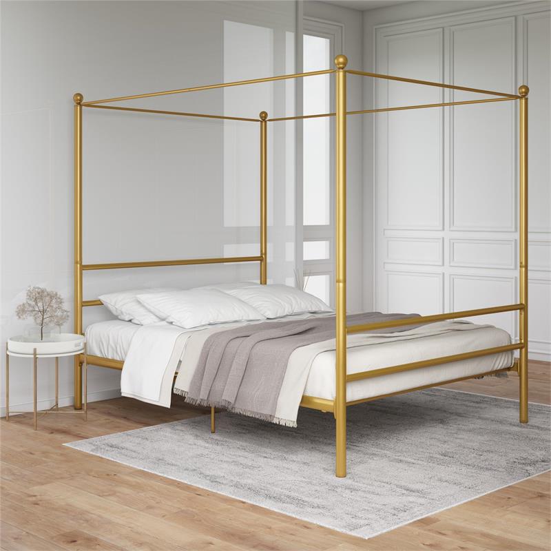 Pemberly Row Contemporary Four-Post Metal Canopy Bed in Full Gold