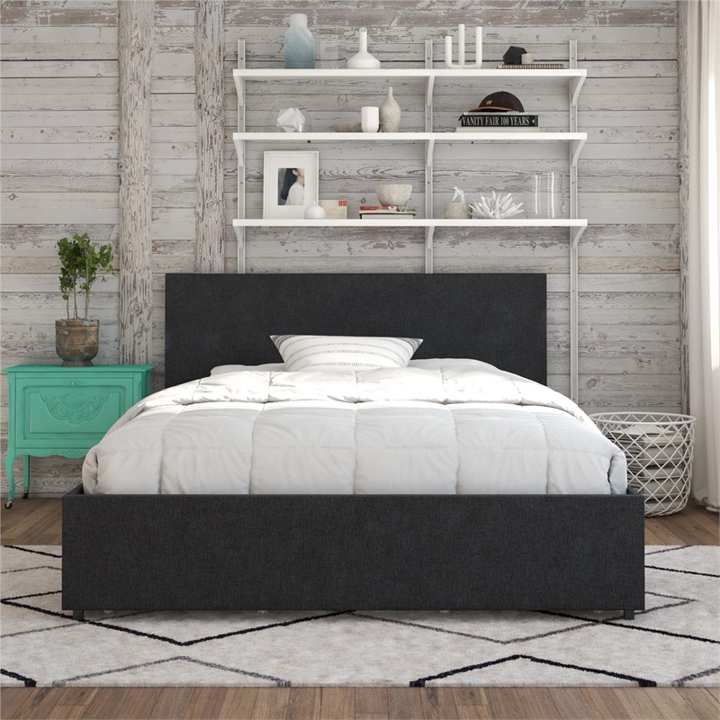 Pemberly Row Upholstered Full Bed with Storage in Dark Grey Linen