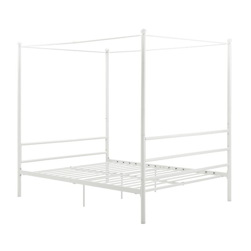 Pemberly Row Contemporary Four-Post Metal Canopy Bed in Full White