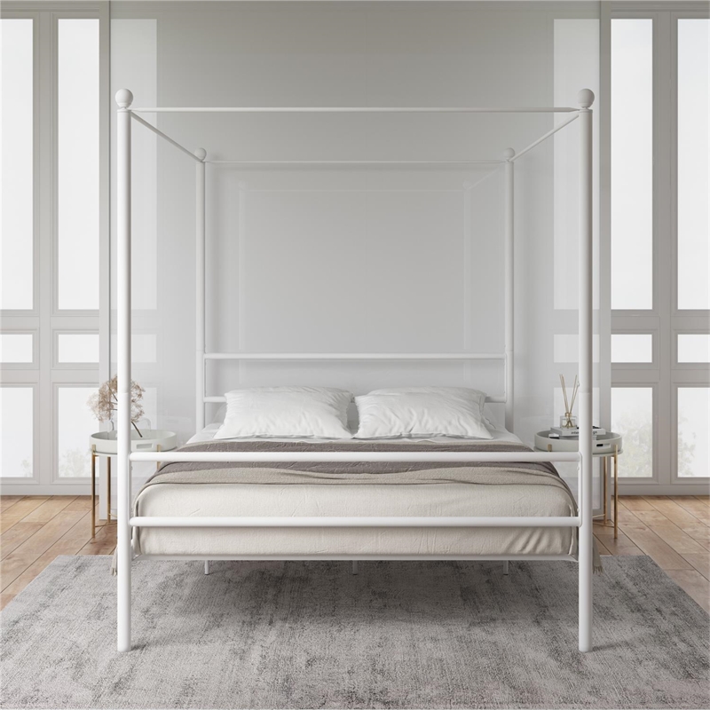 Pemberly Row Contemporary Four-Post Metal Canopy Bed in Full White