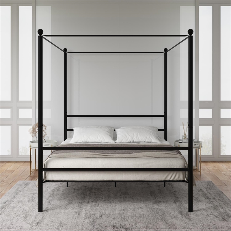 Pemberly Row Contemporary Four-Post Metal Canopy Bed in Full Black