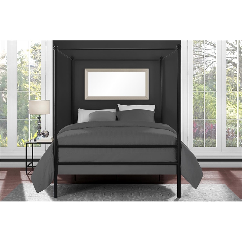 Pemberly Row Contemporary Four-Post Metal Canopy Bed in Full Black