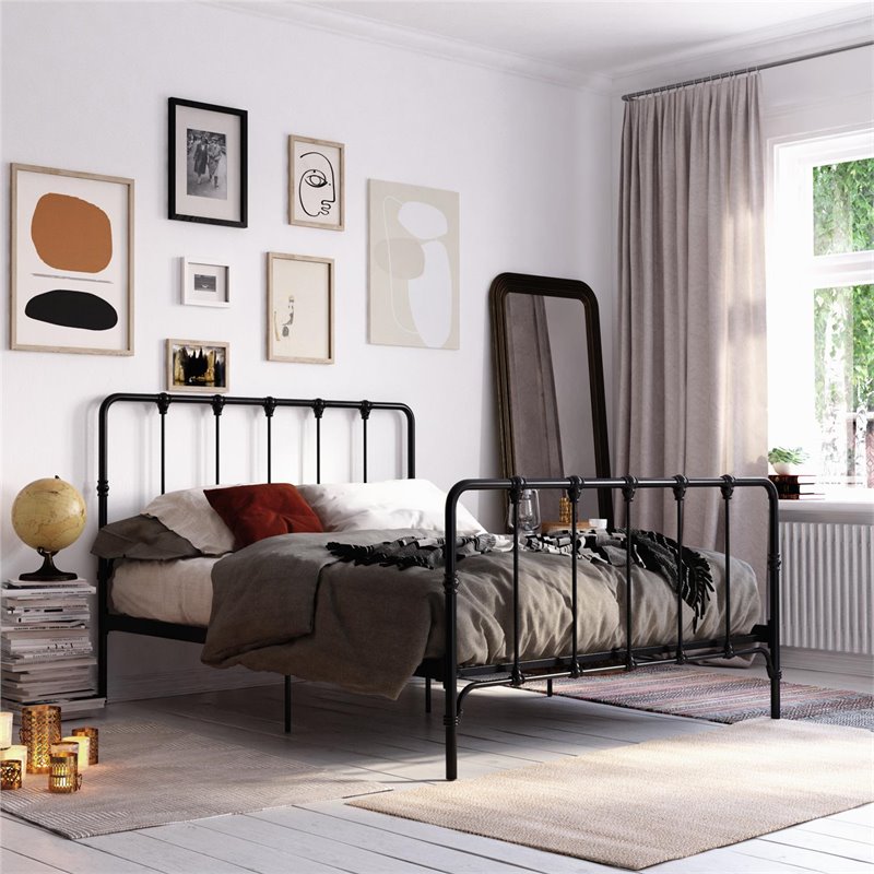 Pemberly Row Metal Bed with Under Bed Storage in Queen Frame in Black