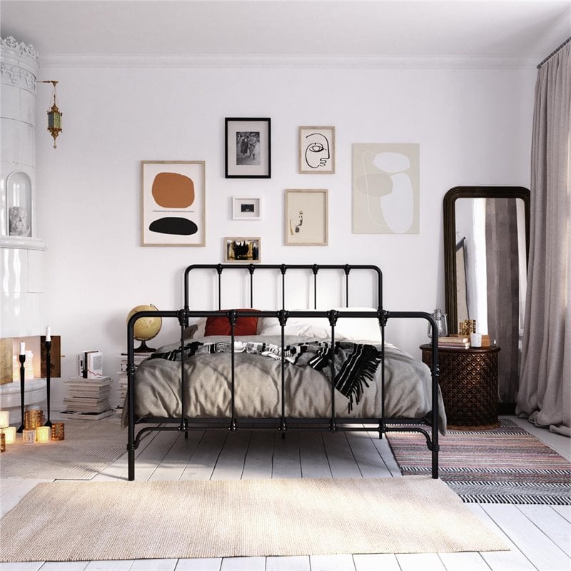 Pemberly Row Metal Bed with Under Bed Storage in Queen Frame in Black