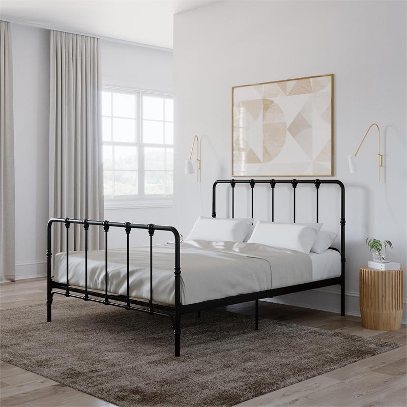 Pemberly Row Metal Bed with Under Bed Storage in Queen Frame in Black