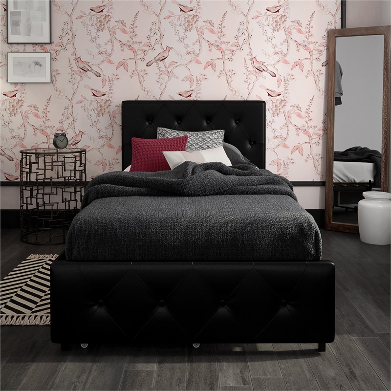 Pemberly Row Twin Upholstered Bed with Storage Drawers in Black Faux Leather