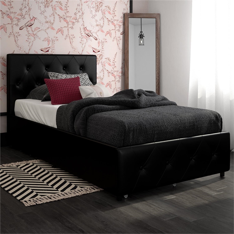 Pemberly Row Twin Upholstered Bed with Storage Drawers in Black Faux Leather