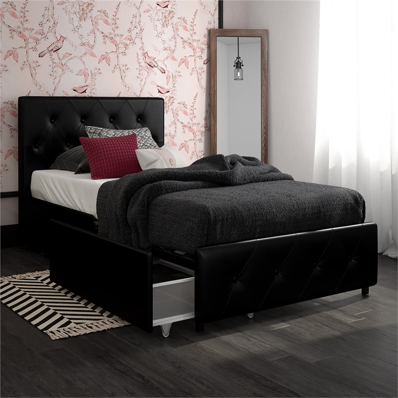 Pemberly Row Twin Upholstered Bed with Storage Drawers in Black Faux Leather