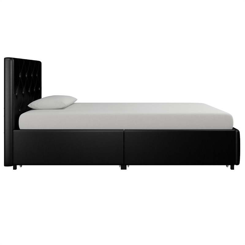 Pemberly Row Twin Upholstered Bed with Storage Drawers in Black Faux Leather