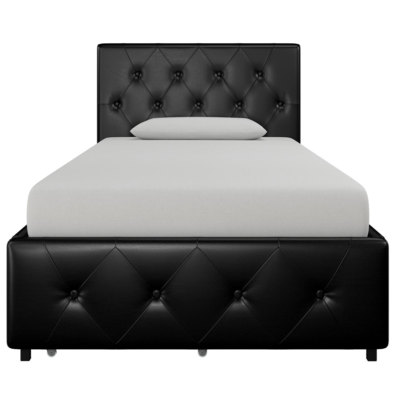Pemberly Row Twin Upholstered Bed with Storage Drawers in Black Faux Leather