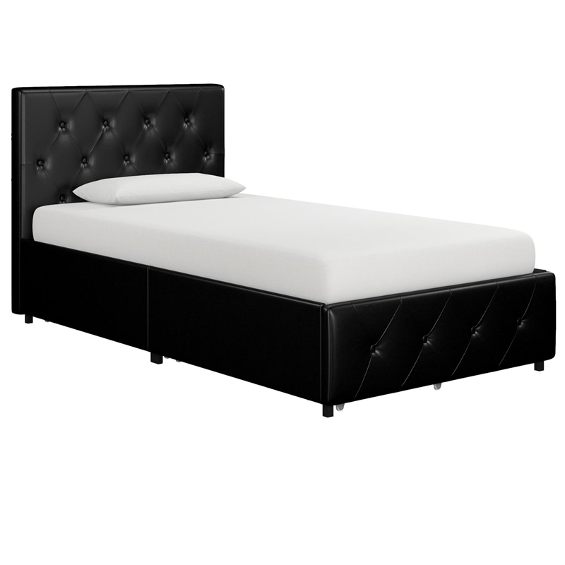 Pemberly Row Twin Upholstered Bed with Storage Drawers in Black Faux Leather