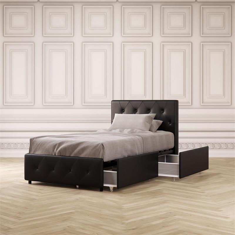 Pemberly Row Twin Upholstered Bed with Storage Drawers in Black Faux Leather