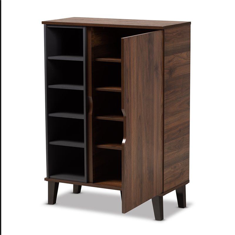 Pemberly Row Two-Tone Wood 1-Door Shoe Cabinet in Walnut Brown and Gray