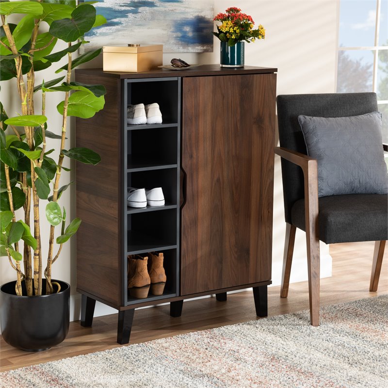 Pemberly Row Two-Tone Wood 1-Door Shoe Cabinet in Walnut Brown and Gray