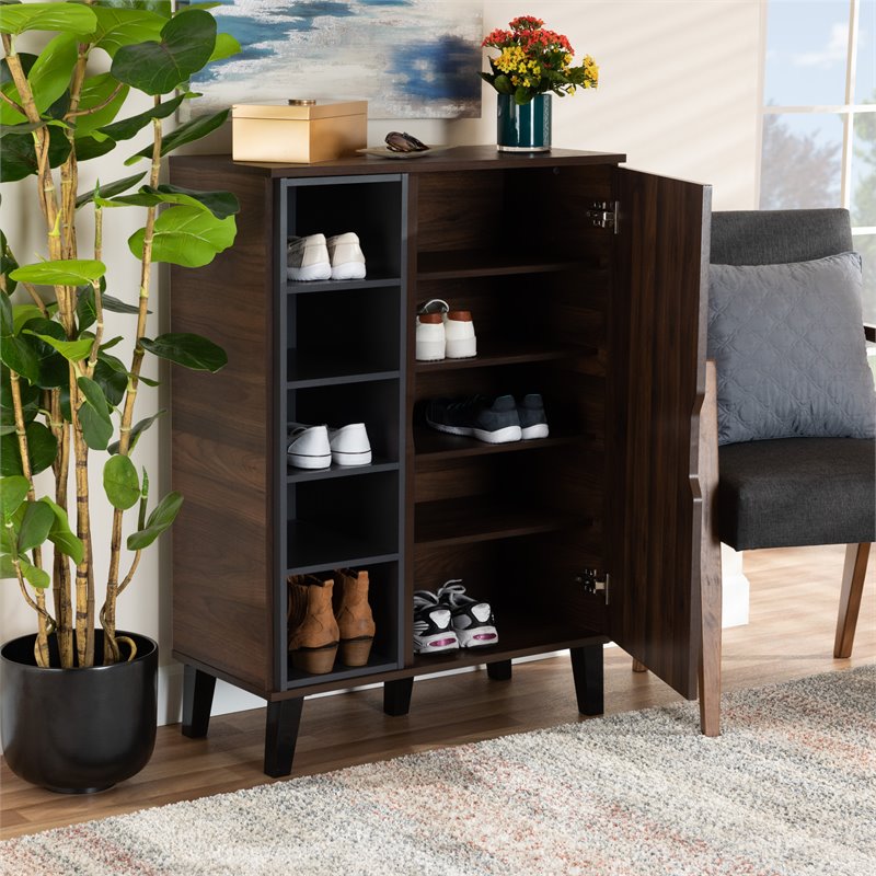 Pemberly Row Two-Tone Wood 1-Door Shoe Cabinet in Walnut Brown and Gray