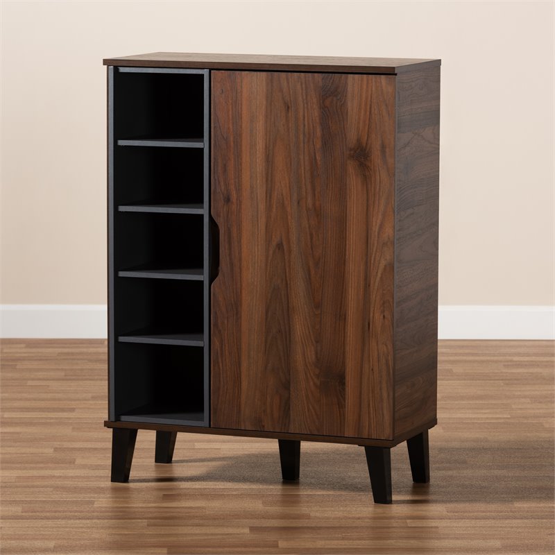 Pemberly Row Two-Tone Wood 1-Door Shoe Cabinet in Walnut Brown and Gray