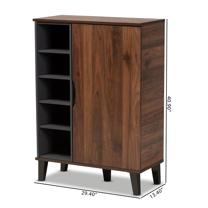Pemberly Row Two-Tone Wood 1-Door Shoe Cabinet in Walnut Brown and Gray