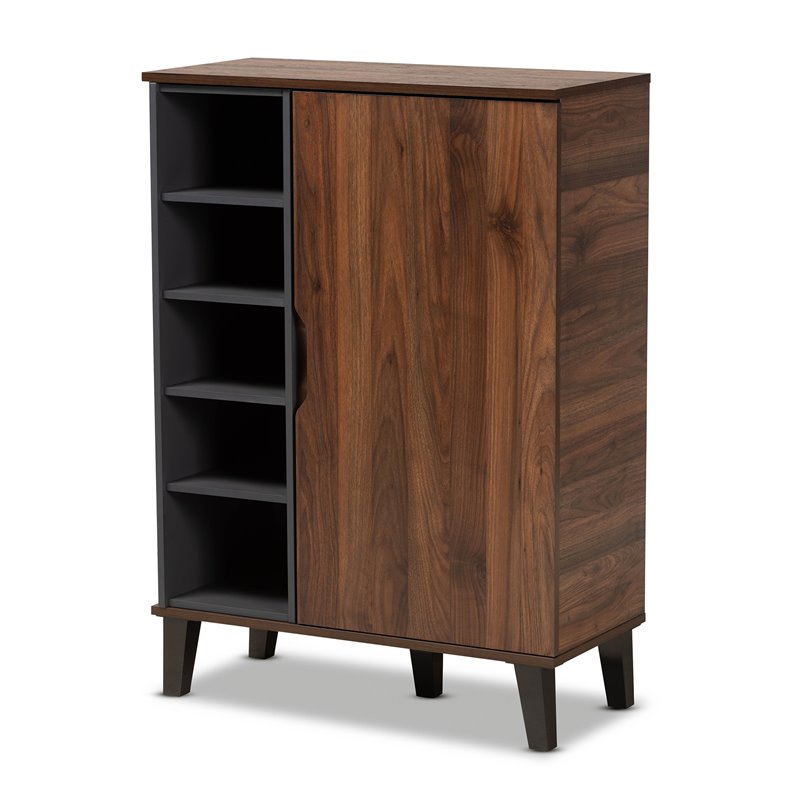 Pemberly Row Two-Tone Wood 1-Door Shoe Cabinet in Walnut Brown and Gray