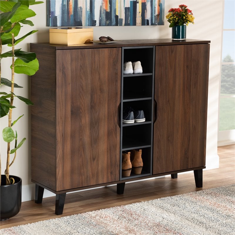 Pemberly Row Two-Tone Wood 2-Door Shoe Cabinet in Walnut Brown and Gray