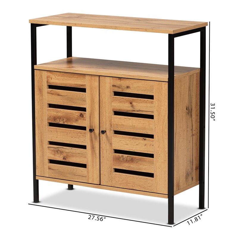 Pemberly Row Wood and Metal 2-Door Shoe Cabinet in Oak Brown and Black