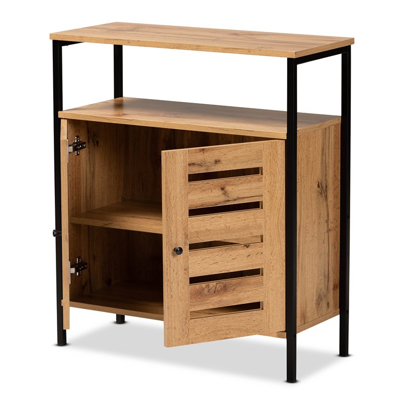 Pemberly Row Wood and Metal 2-Door Shoe Cabinet in Oak Brown and Black