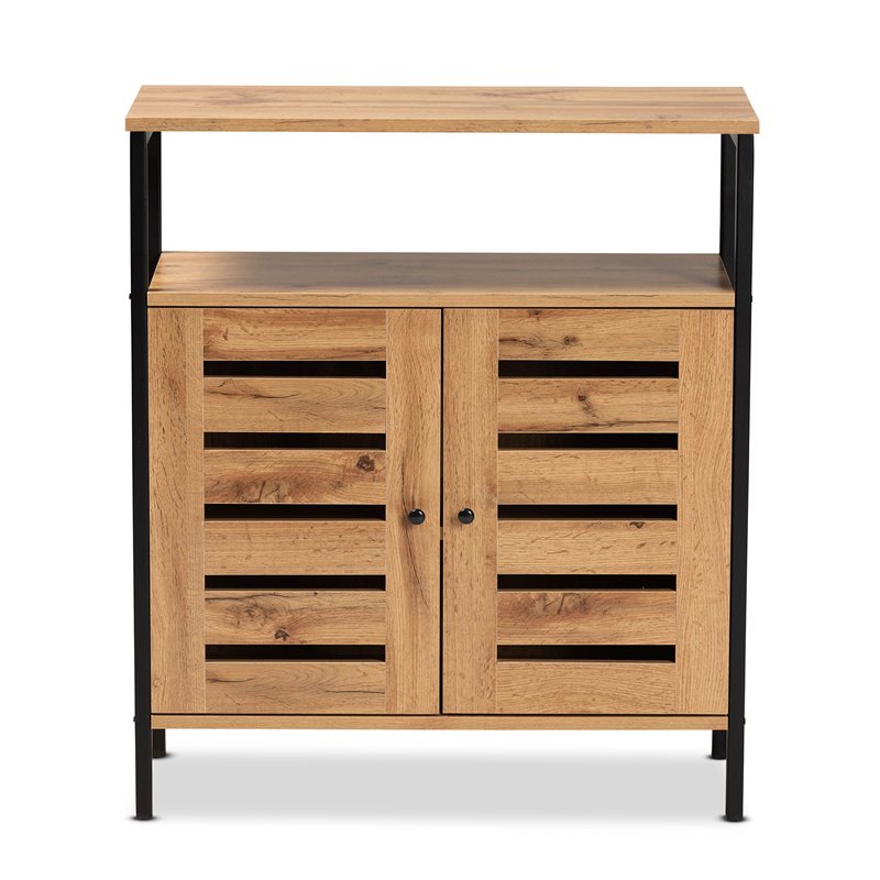 Pemberly Row Wood and Metal 2-Door Shoe Cabinet in Oak Brown and Black